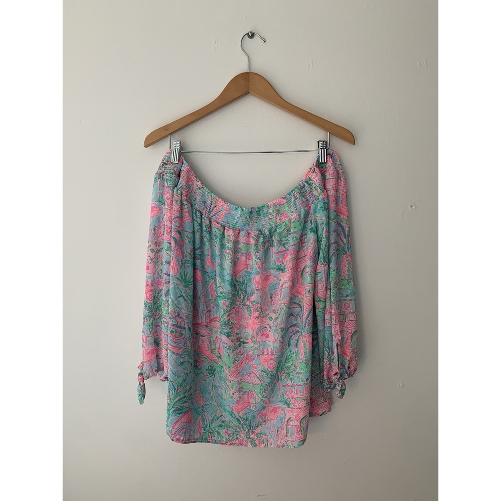 Lilly Pulitzer Maryellen Off Shoulder Top Bali Blue XL Resort Palm Beach Preppy